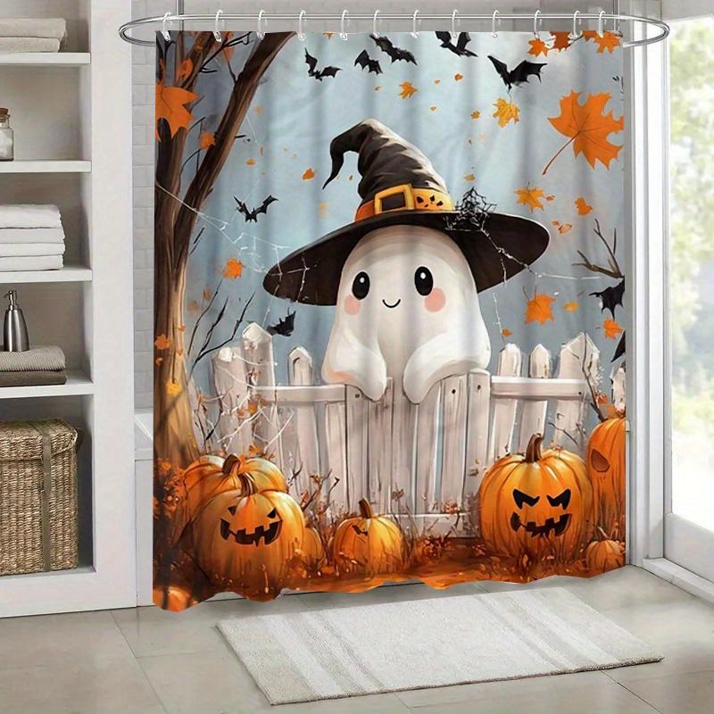 "Halloween Ghost Shower Curtain, Waterproof Fabric With Pumpkin And Bat Design, Spooky Cartoon Decor For Bathroom, Festive Theme