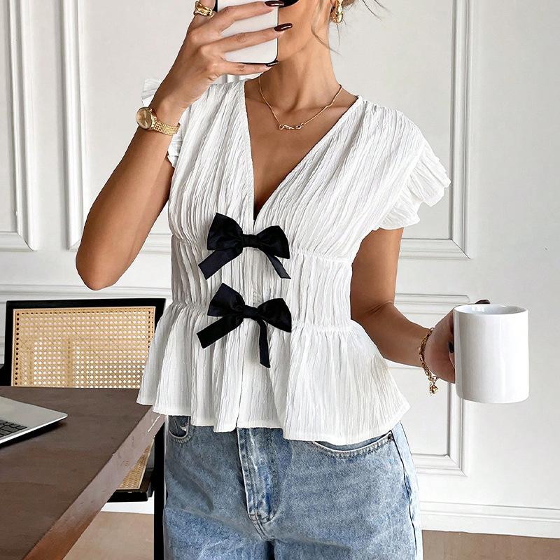 Vacation Style Short Sleeved Shirts Bow Cardigan Women’s Blouses & Shirts