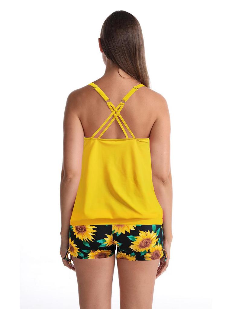 Conservative Print Plus Size Boyleg Tankini, Two-Piece Tummy Control Slimming Swimwear.