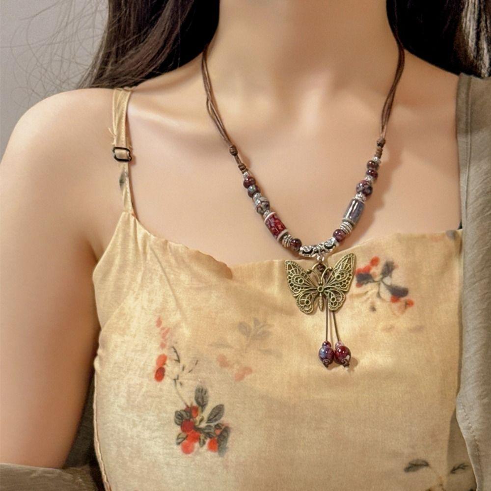 Adjustable Butterfly Pendant Necklace Chinese Ethnic Style Necklace Long Sweater Chain Gifts