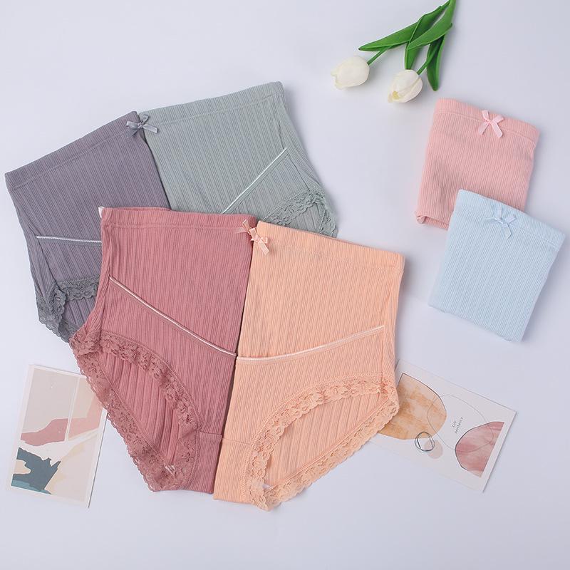 Plus Size Breathable High Waist Maternity Panties with Lace Trim and Adjustable Ribbed Abdomen Support