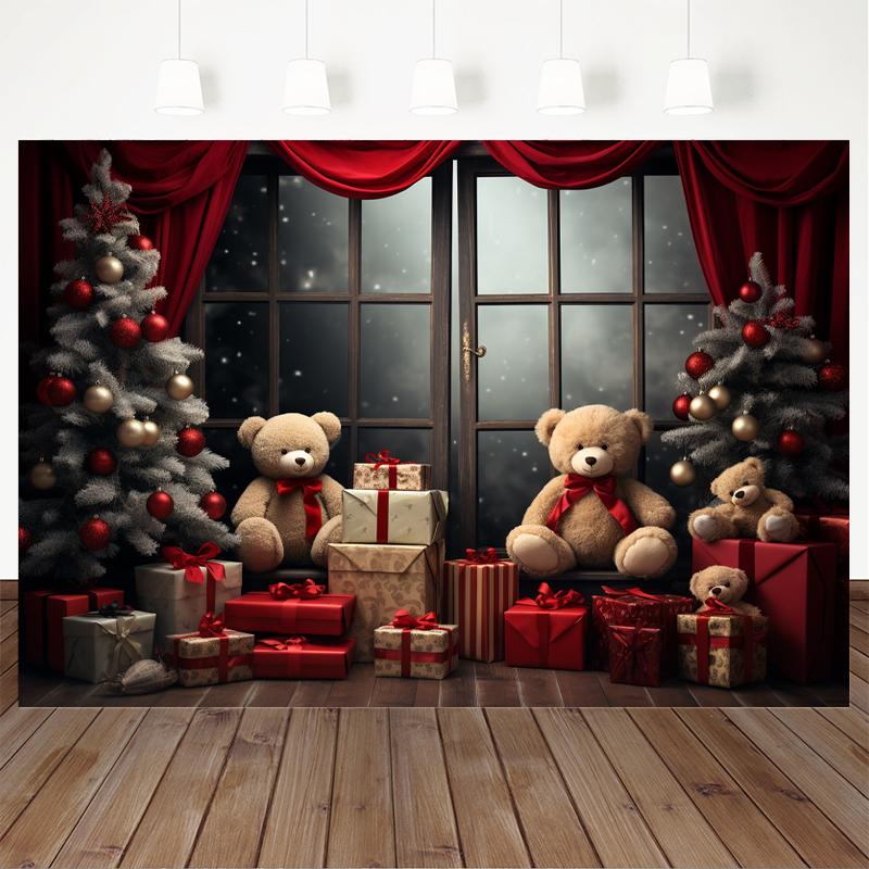 Merry Christmas Photo Background For Children Indoor Window Home Xmas Tree Bear Gift Photography Backdrop Stand Studio Photozone