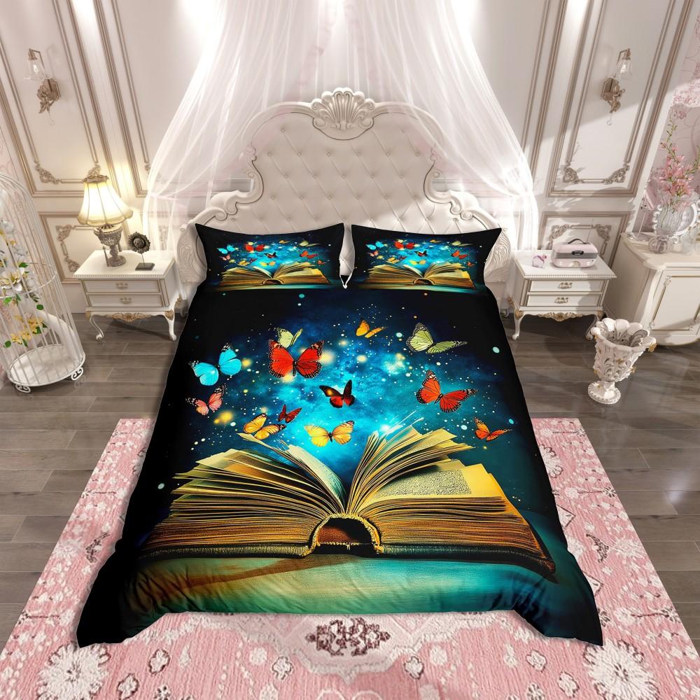 Homewish Blue Pink Butterfly Duvet Cover Set,Romantic Dreamy Animal Bedding Set,Teens Girls Kids Female Reversible Bed Set