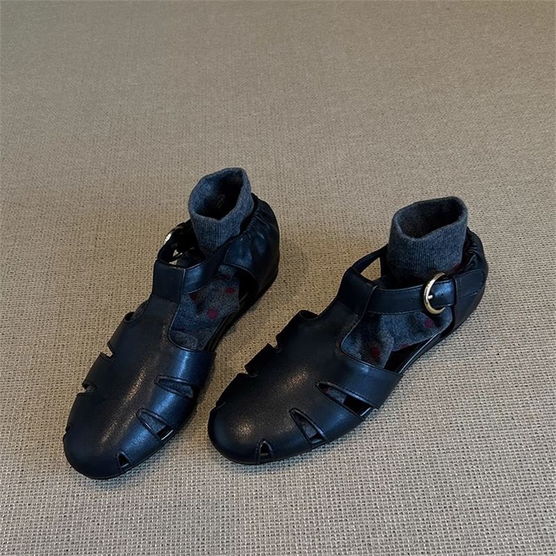 Top layer leather summer retro hollow Roman casual pig cage shoes Baotou sandals women's flat T-19-2