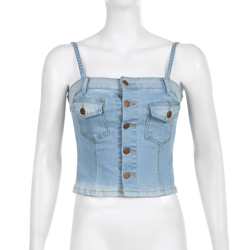 Personality Wash Blue Denim Small Vest Denim Crop Top Pocket Vintage Button Tops