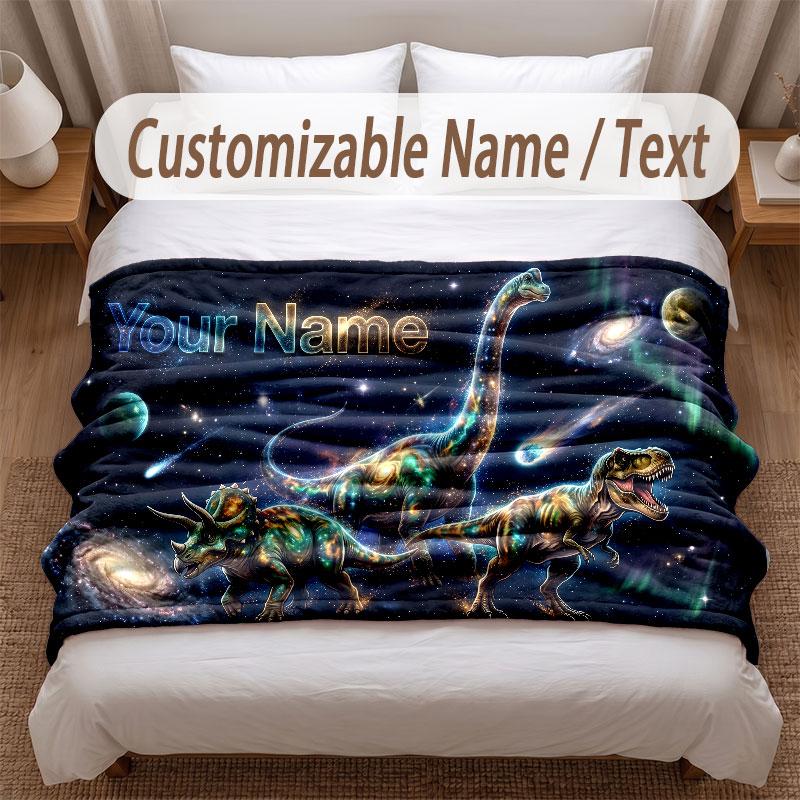 Dinosaur Theme Soft Blanket Personalized Custom Name Text Print Warm Blanket Home Sofa Bedroom Decor