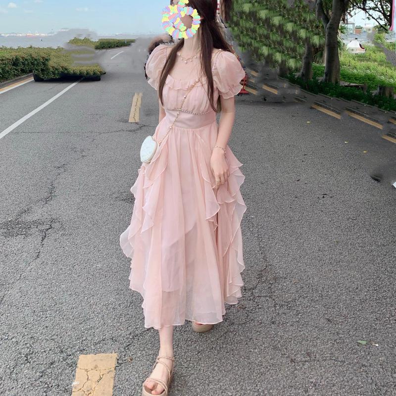 French square collar sweet and gentle fairy style dress women's summer new women's clothing waist thin medium and long skirt