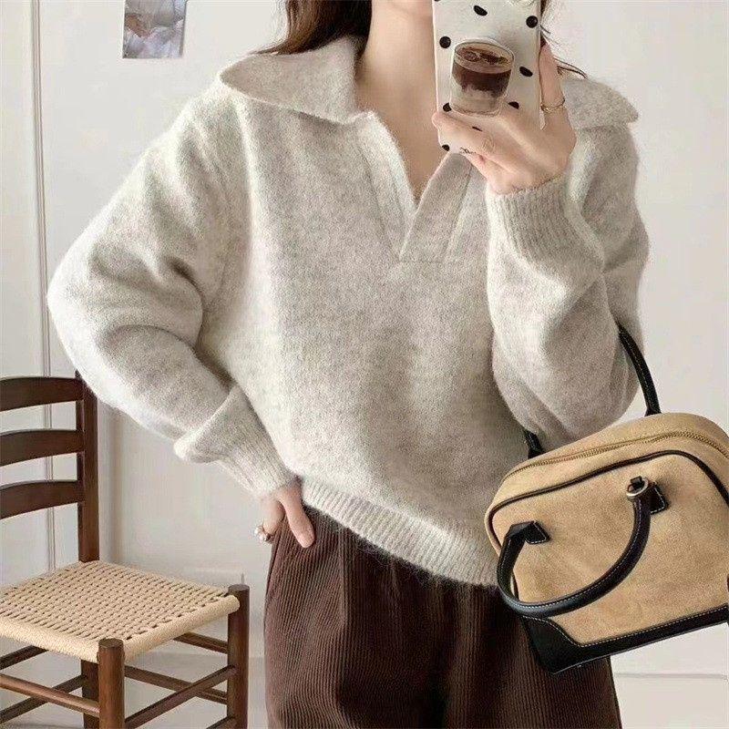 

Elegant French Retro Knit Sweater Women s Autumn/Winter - Soft, Loose Fit, Turn-Down Collar Casual Top One Size абрикосовий