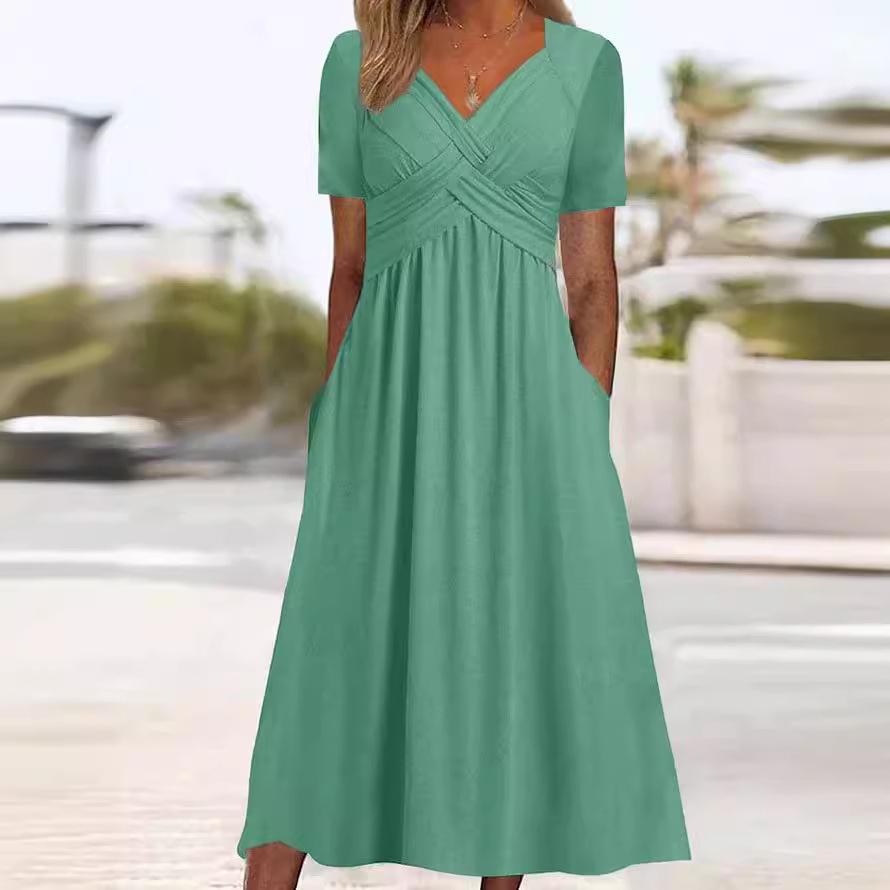 Womens Summer Long Dress V-Neck Short Sleeve Pullover Maxi Dresses Casual Beach Dress