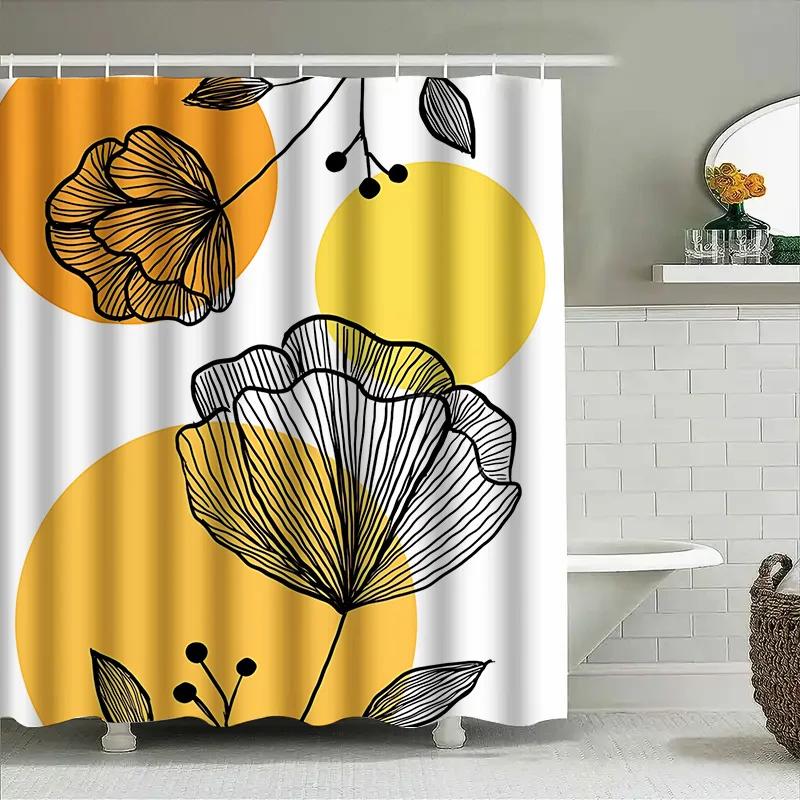

Elegant Black And Yellow Floral Design Waterproof Shower Curtain For Stylish Bathroom Decor Minimalist Style Simple Design W60H190(CM)-1 Pcs
