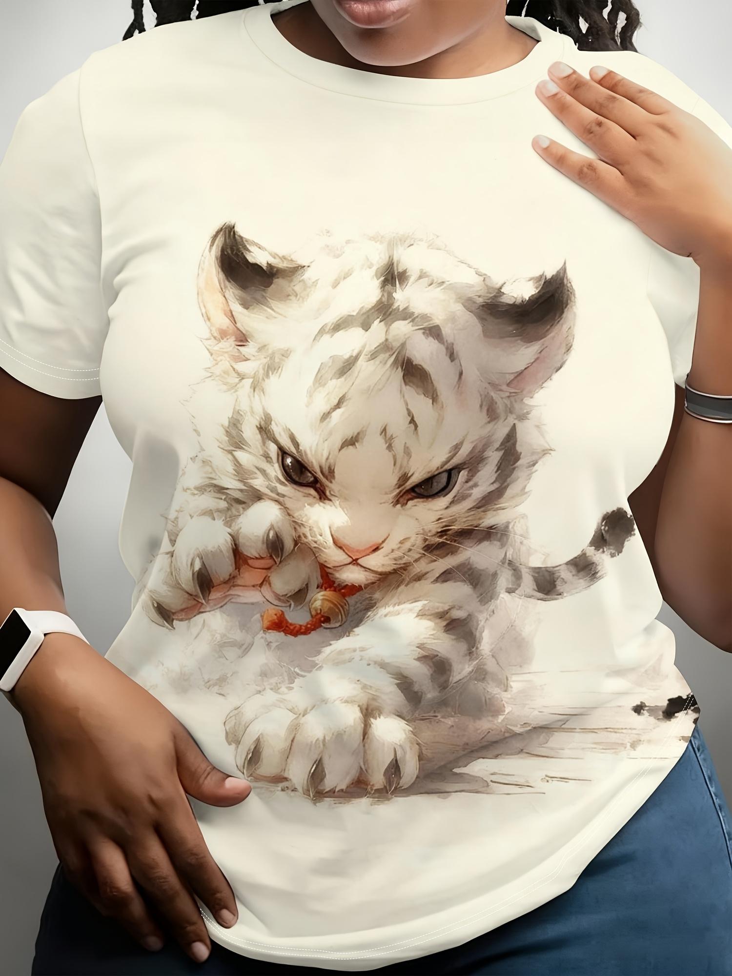 

Women s Ink Tiger Cub Print T-Shirt - Loose Fit Round Neck Short Sleeve Top with Wild Tiger Cub. Casual Summer Blouse Clothing Suitable for Casual Att 2XL дубильная кора
