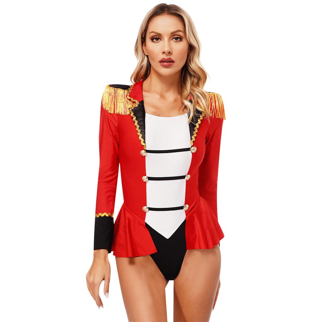 Damen Zirkusdirektorin Bodysuit Zirkus Rollenspiel Kostüm Langarm Colorblock Patchwork Design Jumpsuit mit Rock