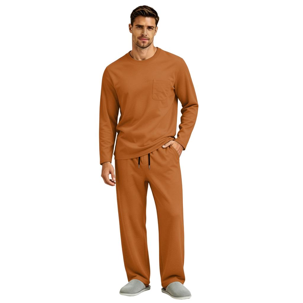 Men's Long Sleeve Pajama Set with Button Fly and Elastic Drawstring Waist for Sleep and