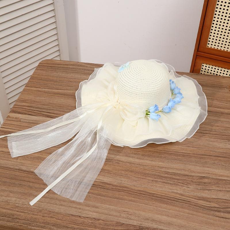 Summer Bow Sun Hat Female, Seaside Beach Vacation Sun Hat Outdoor Big Brim Sun Hat Sweet Straw Hat