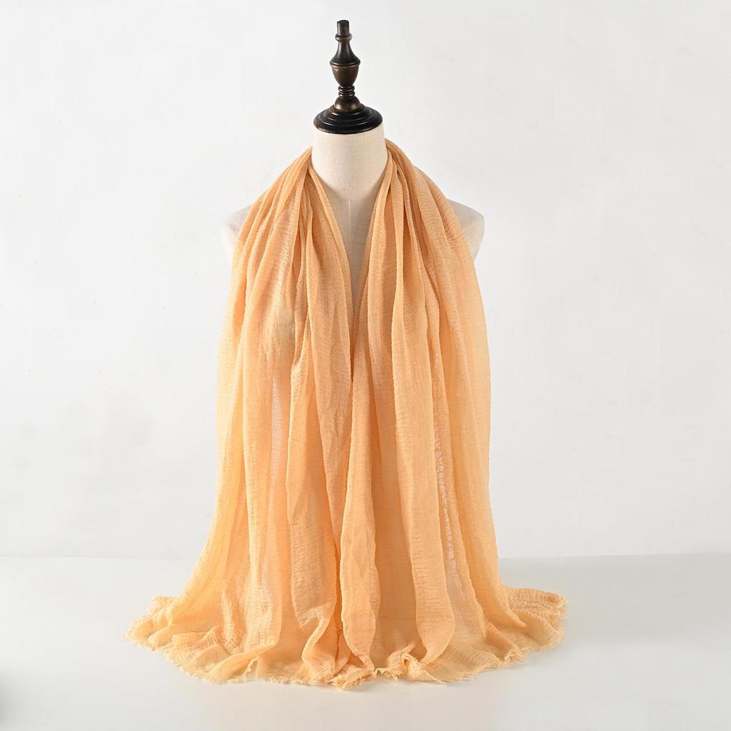 Crinkled Cotton-Linen Blend Scarf with Fringe - Solid Color, 90x180cm, Women's Headscarf