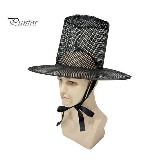 Breathable Costume Hat Vintage Korean Gat Hat, Black Mesh Wide Brim Joseon Dynasty Crisp Fabric Scholar with Neck Strap, Halloween Cosplay Accessory