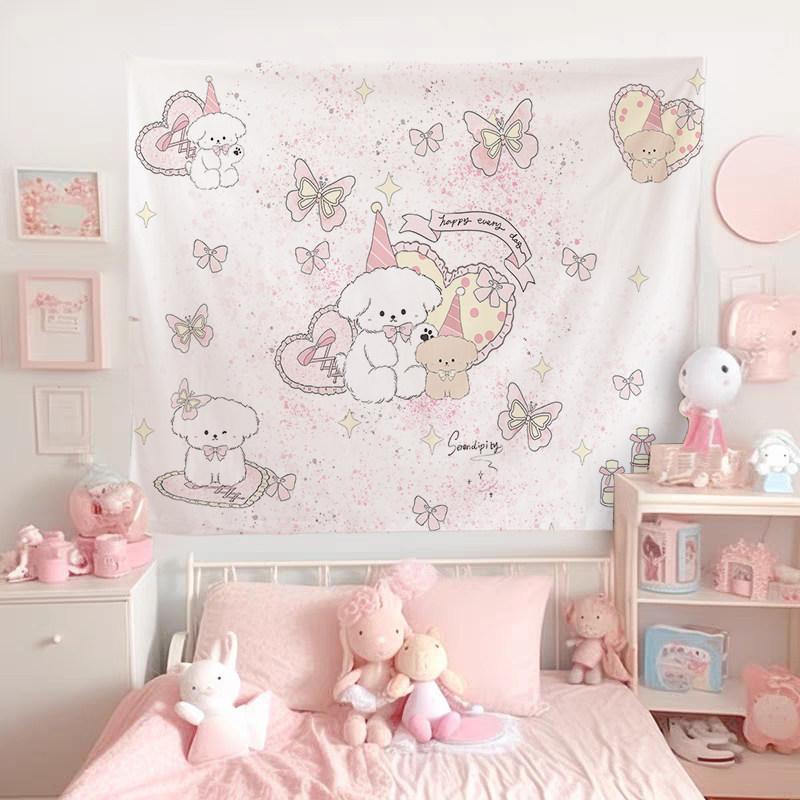 New Cute Cartoon Dog Print Tapestry Pink Lolita Style Tapestry Aesthetic Decorative Wall Hanging For Girls Bedroom 74x94cm(29x37in)
