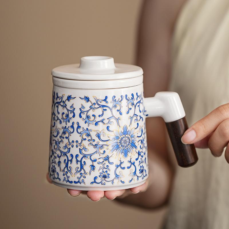 Light luxury company gifts suet jade twisted lotus ceramic mug with lid office teacup gift