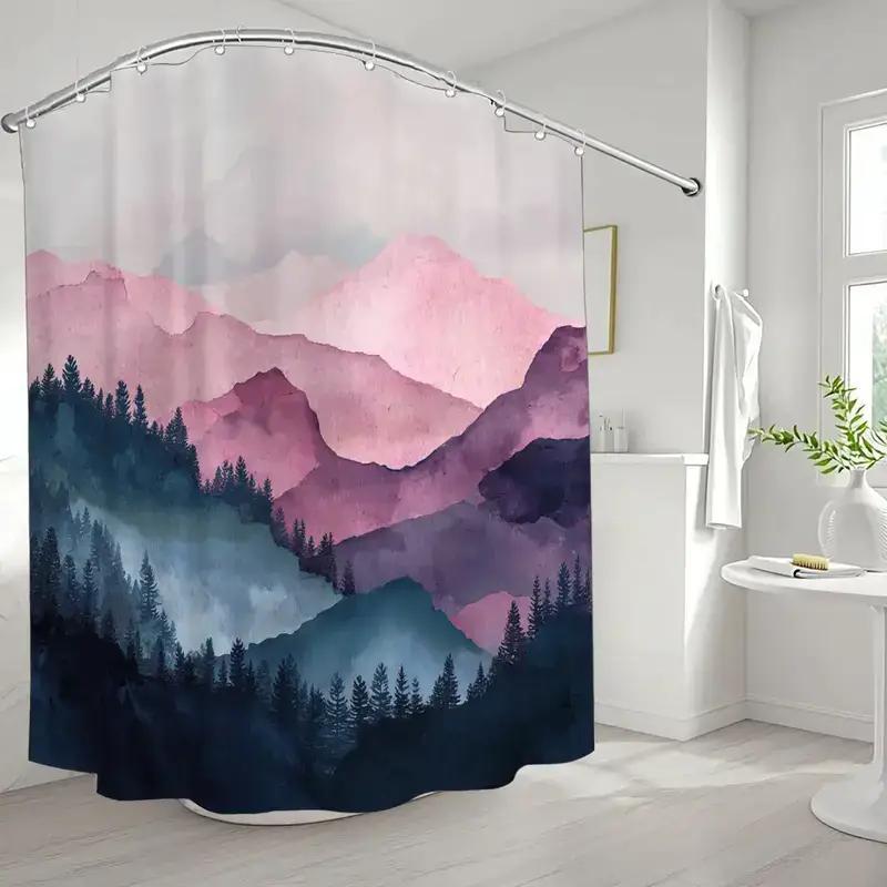 1Pc Landscape Painting Bathroom Shower Curtain, Dreamy Forest Theme Valentine'S Day Decor With 12 Hooks, 70.87X70.87Inch Home D