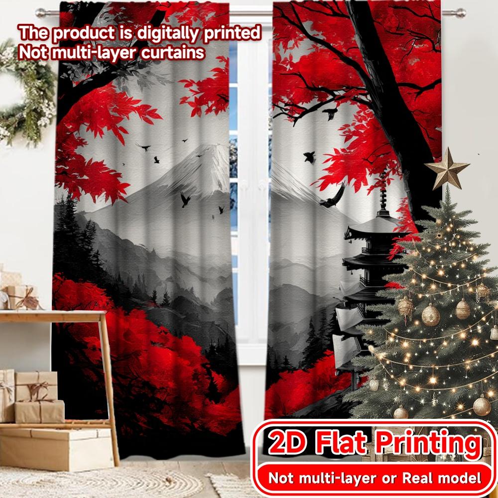 

Flat Printing Curtains Without Rod Autumn Landscape Temple Women Is Day Festival Fashion Polyester Easy Set Of 2 Made W100*H70(CM)-Grommet top&1PCS
