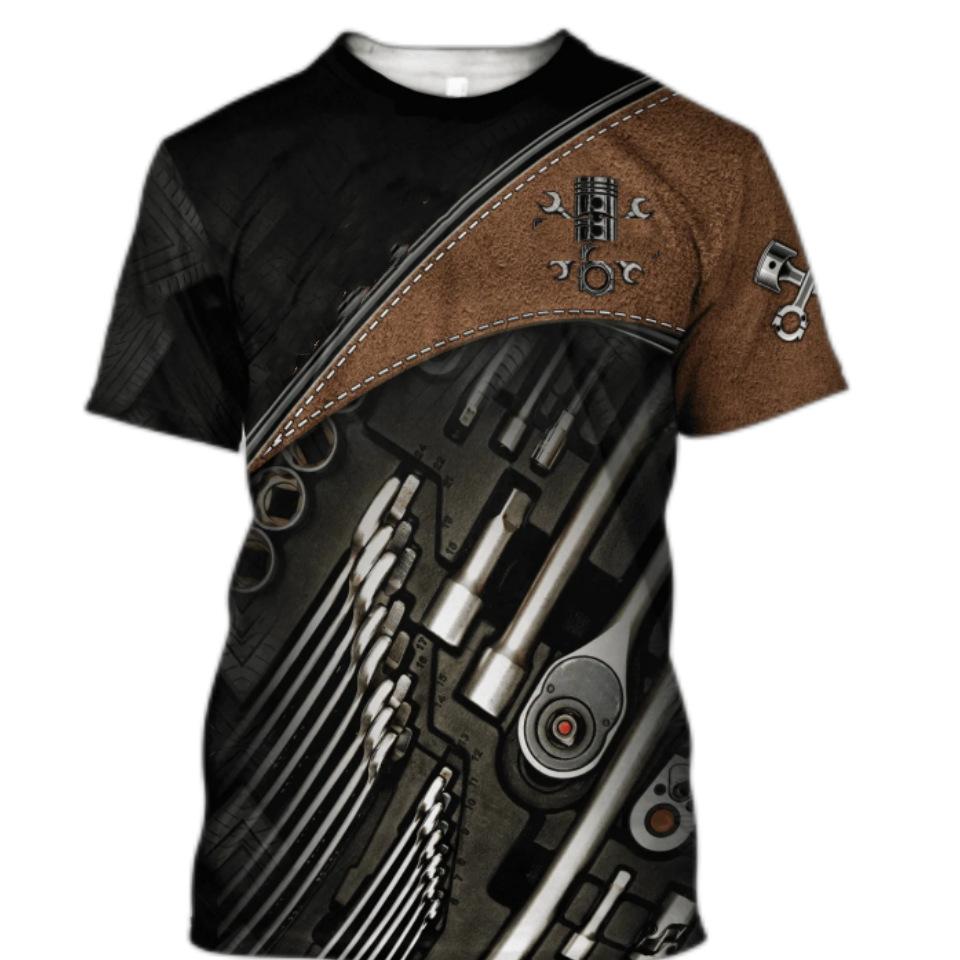 Mechanic 3D Printed Short Sleeved T-shirt Summer Breathable Polyester Simple Round Neck Top