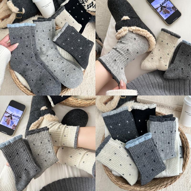 Sock - Winter Polka Dot Soft Lace Versatile Mid-calf Socks with Stretch, Soft Fabric, Comfortable and Warm Wool Socks