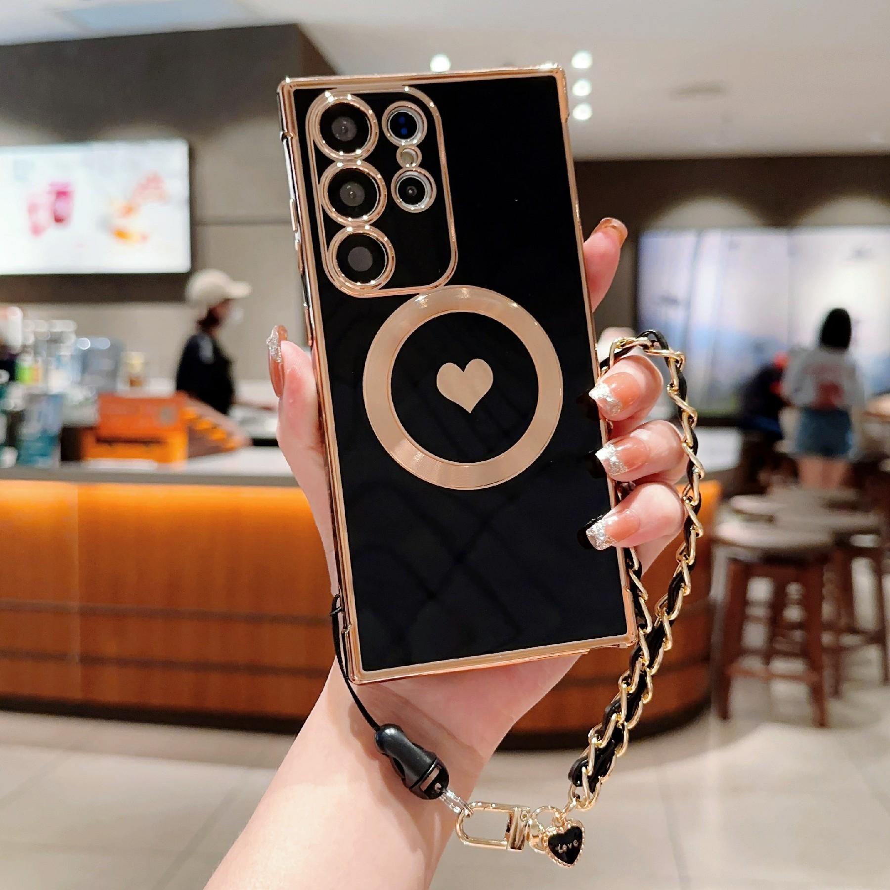 

For Samsung Galaxy S25 Ultra Case Compatible with MagSafe Love Heart Electroplated Soft TPU Cover with Hand Strap Chain Black