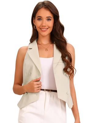 Allegra K Women's Double-Breasted V-Neck Sleeveless Workwear Suit Vest, Apricot, Size L