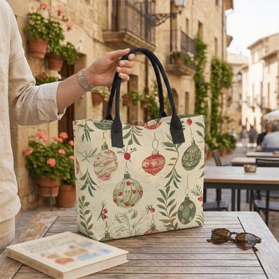 Christmas Print Canvas Tote Bag Casual Shopping Handbag Large Capacity Travel Daily Carry Bag
