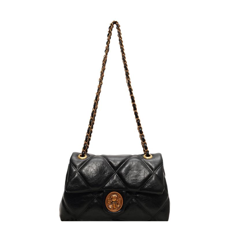 

Сумка-цепочка ромбовидной формы женская 2025 новая ретро универсальная на плечо кроссбоди сумка высокого класса двухслойная из ПУ кожи маленькая квадратная сумка чёрный