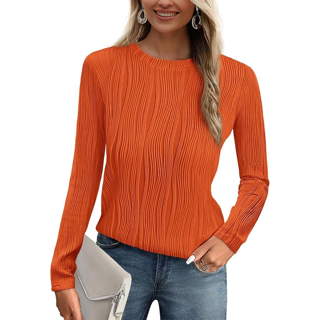 Women's Fashion Round Neck Long Sleeve T-Shirt Solid Color Textured Bottom Top