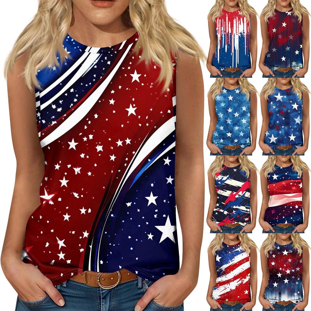 Women's Fashion Casual T-Shirt Round Neck Sleeveless Independence Day Printed Vest Top