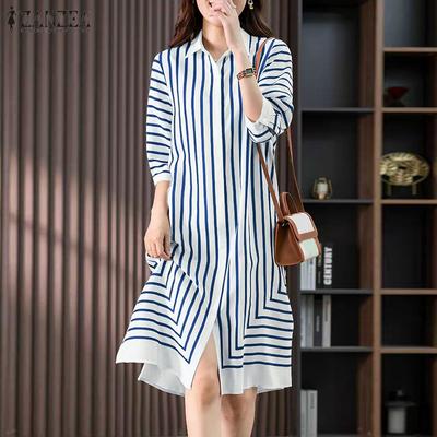 Women Summer Shirt Collar Half Sleeve Striped Dress