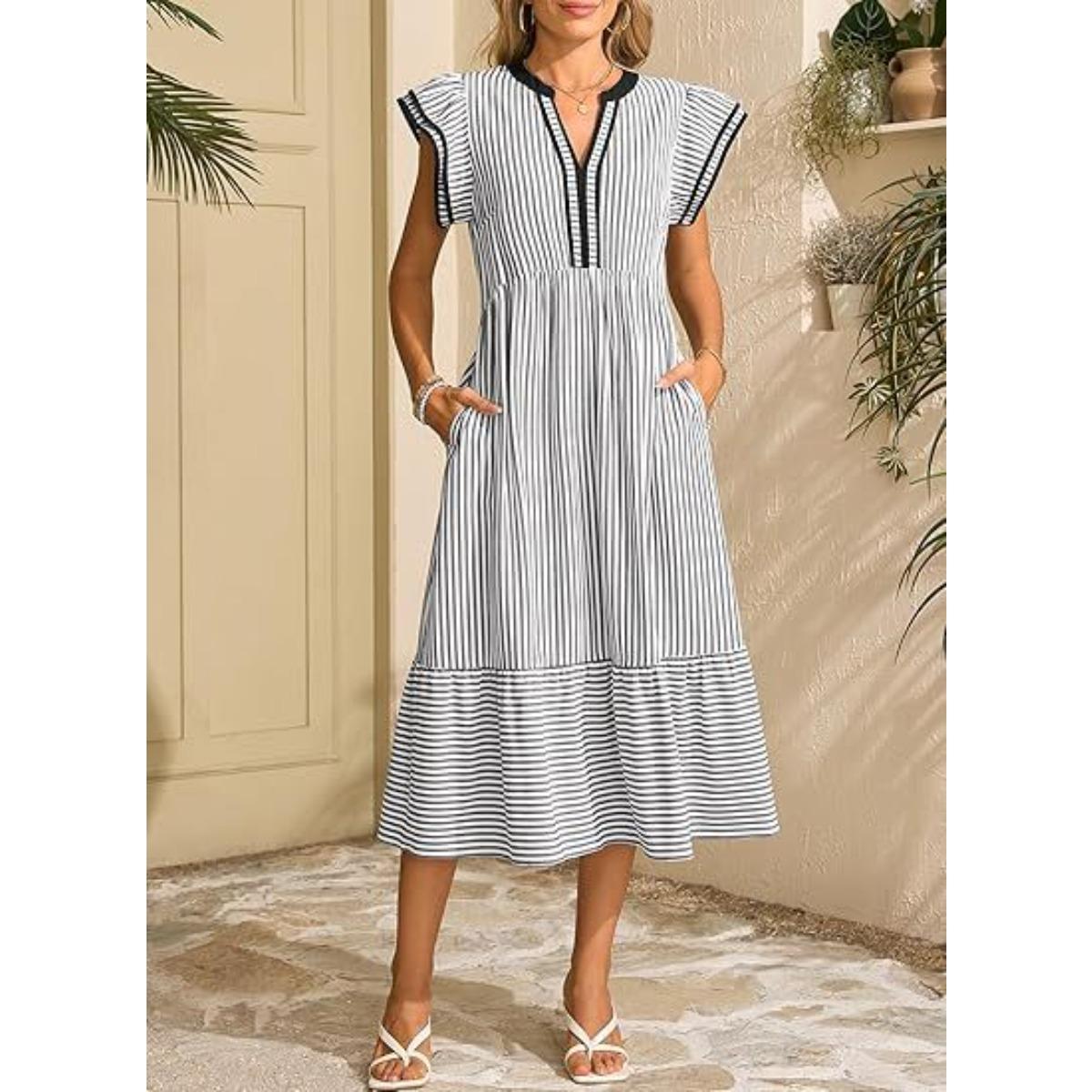 Women s V Neck Short Sleeve Midi Dress Loose Fit Elastic Waist Casual Striped Tunic Dress S чёрный