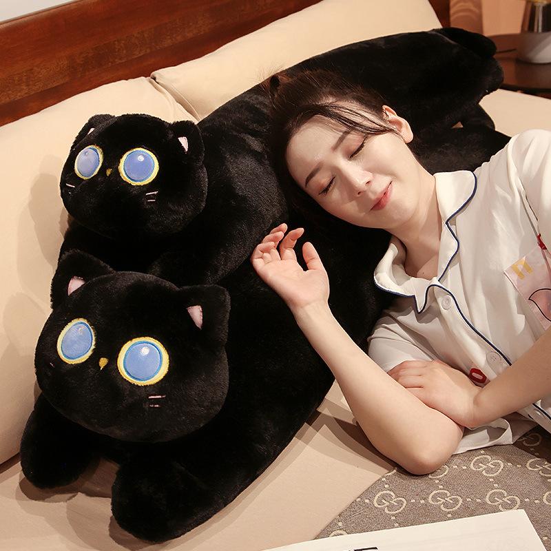 Japanese Fat Cat Plush Toy Doll Cute Black Cat Long Throw Pillow Children'S Bed Sleeping Kitten Doll Woman