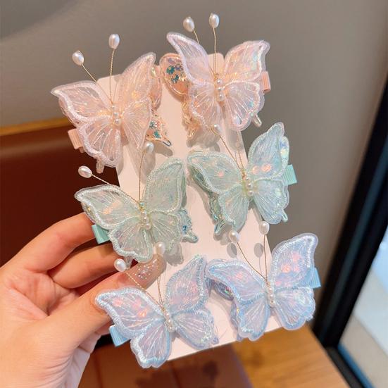 Girl Hairpin Double Layer Mesh Yarn Butterflies Decor Hair Clip with Imitation Pearls
