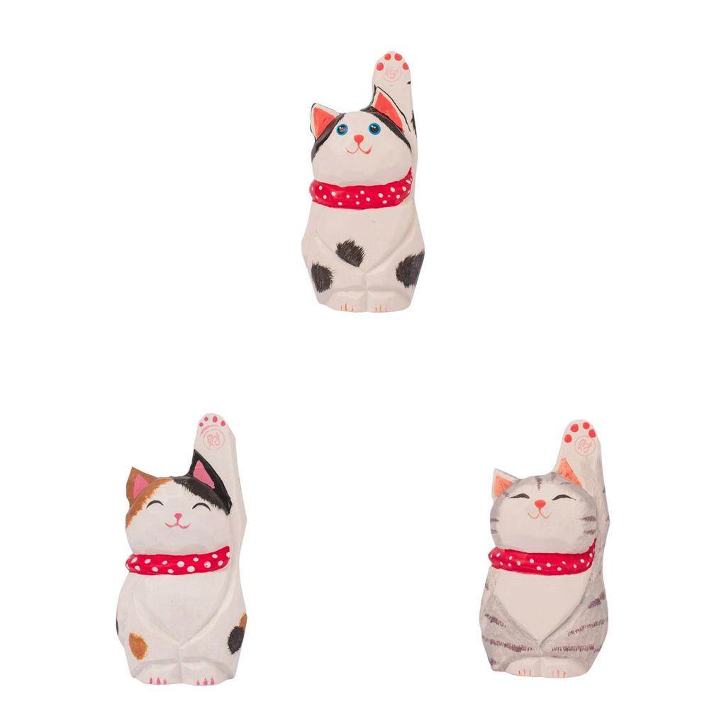 Wooden Lucky Cat Figurine Home Decor Gift For Office And Living Room