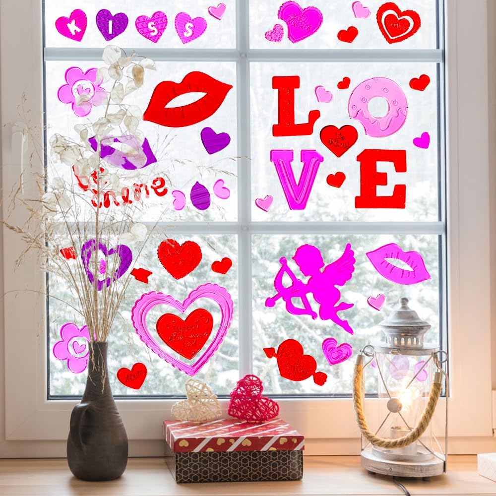 XIMISHOP 6pcs Valentine's Day Gel Window Clings Sticker for Window Decors