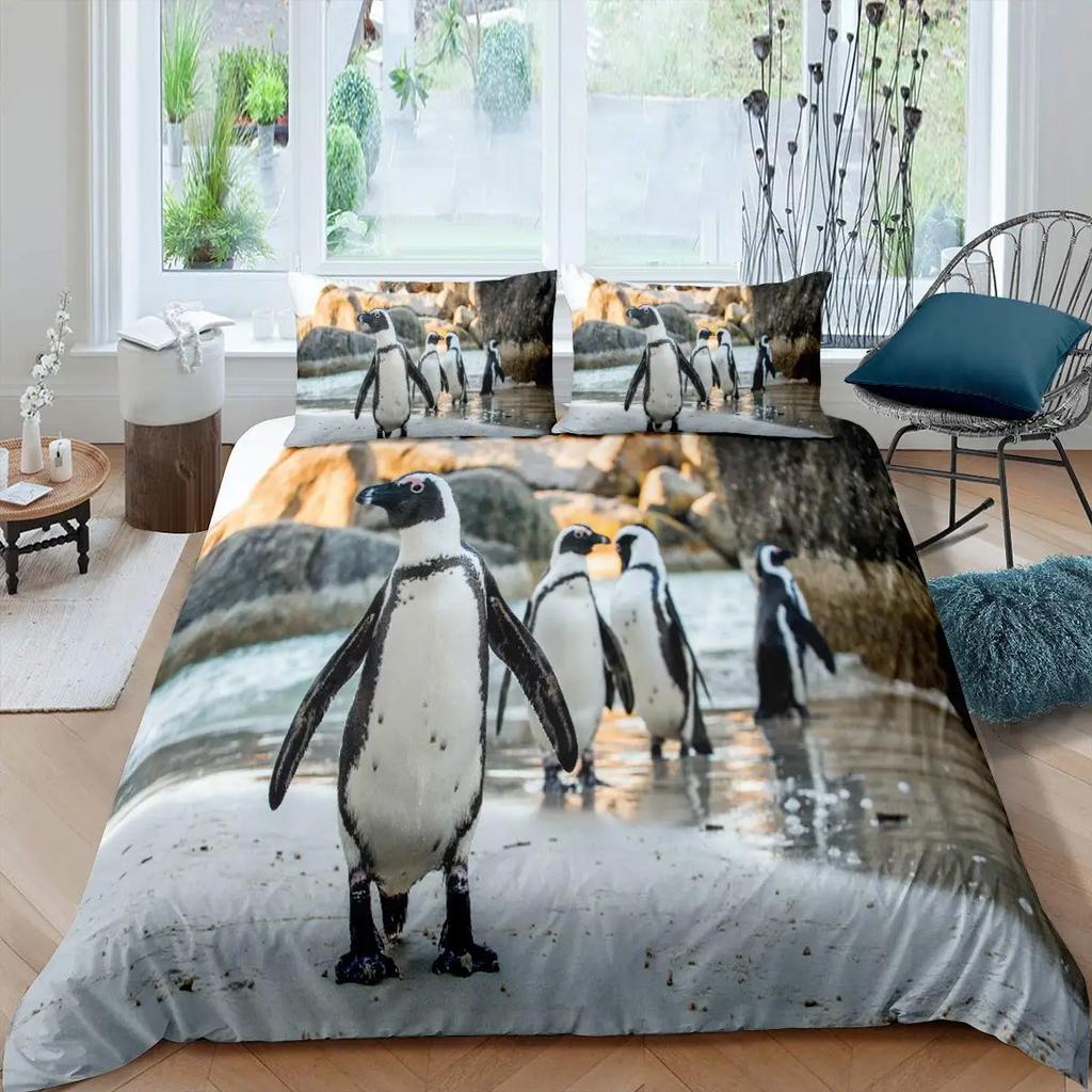 Penguin Duvet Cover Set Antarctic Animals Bedding Set For Kids Boys Girls Cartoon Style King Size Winter Theme Comforter Cover
