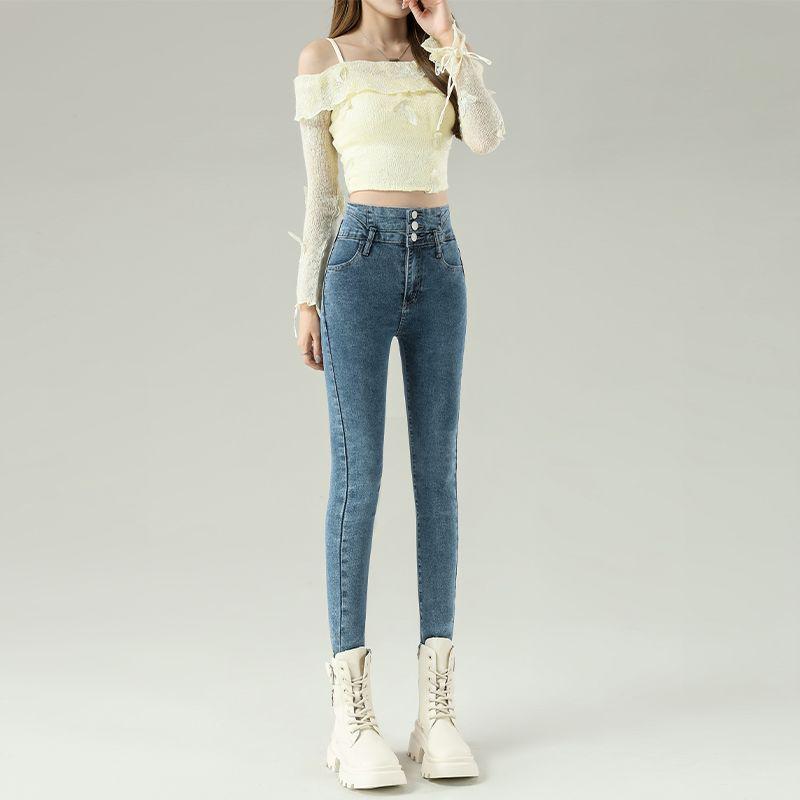 Women s High-Waisted Blue-Gray Slimming Skinny Jeans with Velvet Lining 30