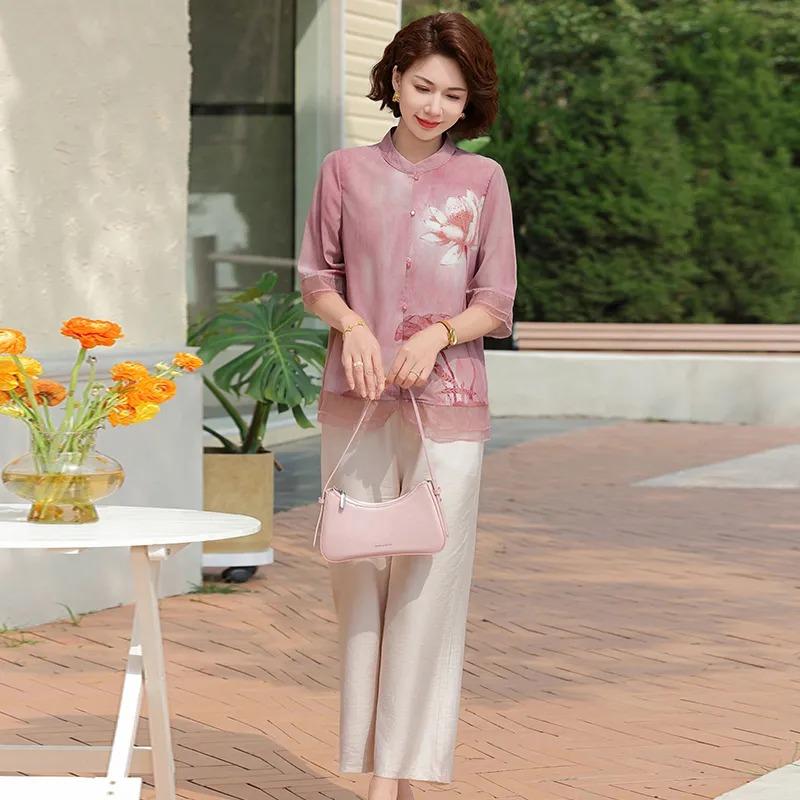 Women s Floral Print Mandarin Collar Chiffon Blouse with 3/4 Sleeves Double Layered Casual Shirt XL розовый