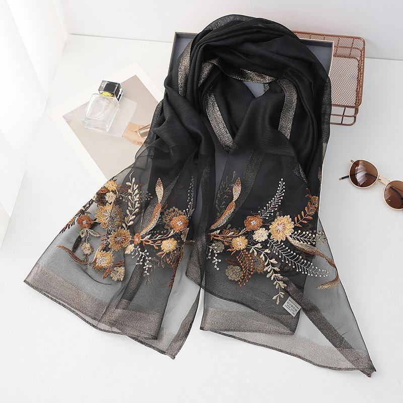 Seidenwollschal Damen Hijab Pashmina Schals Wickeltuch Luxuriöses Bandana Decke Blumenmuster Pashmina Stickerei Schals Foulard Modemarke