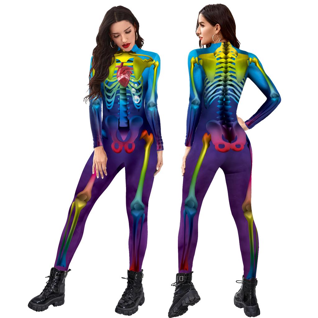 Strašidelný kostlivý tištěný kostlivý oblek Halloween Party Cosplay kostým pro dospělé Kombinéza Zentai Catsuit Karnevalové oblečení