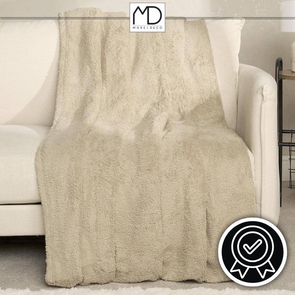 Koc dwustronny 200x220 cm pled 2w1 pluszowy 420g/m² narzuta na łóżko beżowy MORE&DECO
