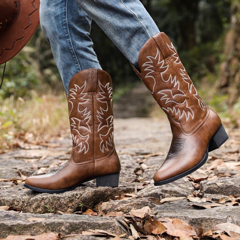 Pointed Toe Middle Heels Comfortable Leather Boots Fashion Embroidery Mid-Calf Boots Totem Design Neutral Shoes Plus Size 48