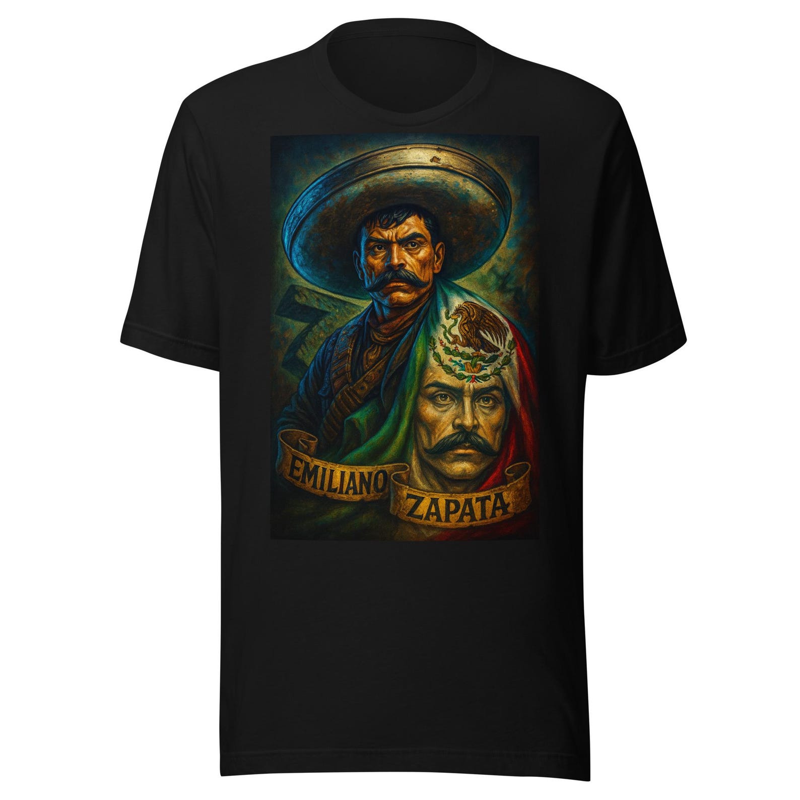 Emiliano Zapata Portrait Art – Mexican Revolutionary Hero with Flag Mural Style Unisex t-shirt XL