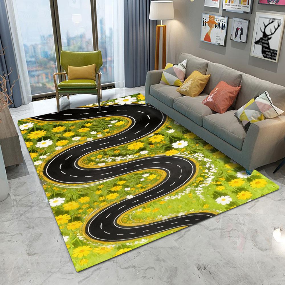 3D Car Road Construction Vehicle Area Rug with City Scene Kids Playroom Living Room Decorative Carpet 50x80cm