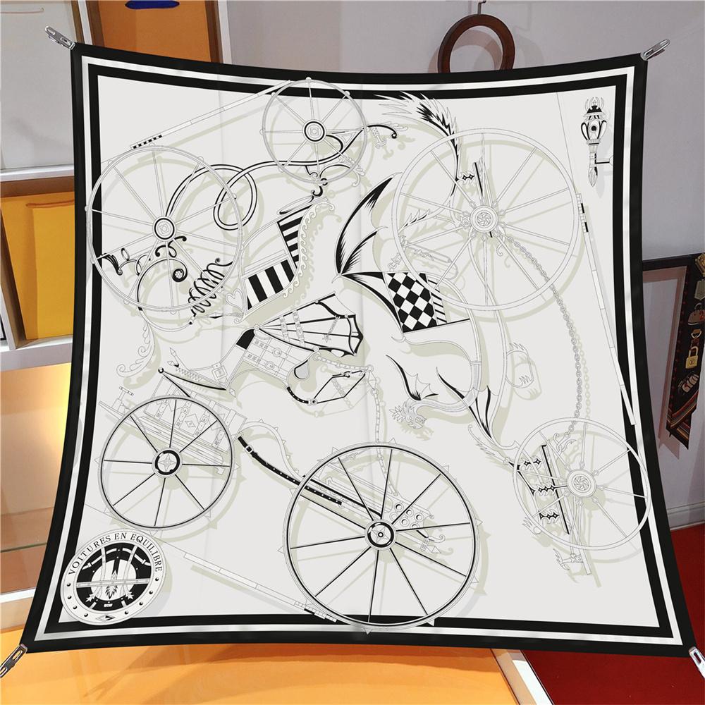 Silk Scarf Women Carriage Wheel Print Square Scarves Head Echarpes Silk Foulards Femme Wraps Beach Shawl Bandana Lady Hijab 90CM