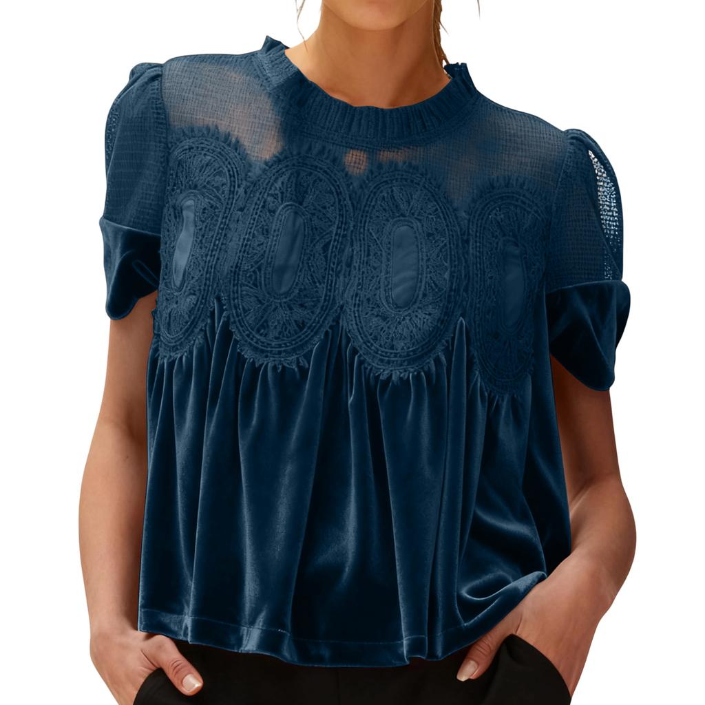 Women's Solid Color Gold Velvet Short Sleeved Round Neck Top