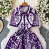 Vintage Red Baroque Print Shirt Dress Women Turn Down Neck Short Sleeve Button Front Belted High Waist Party Vacation Midi Dress